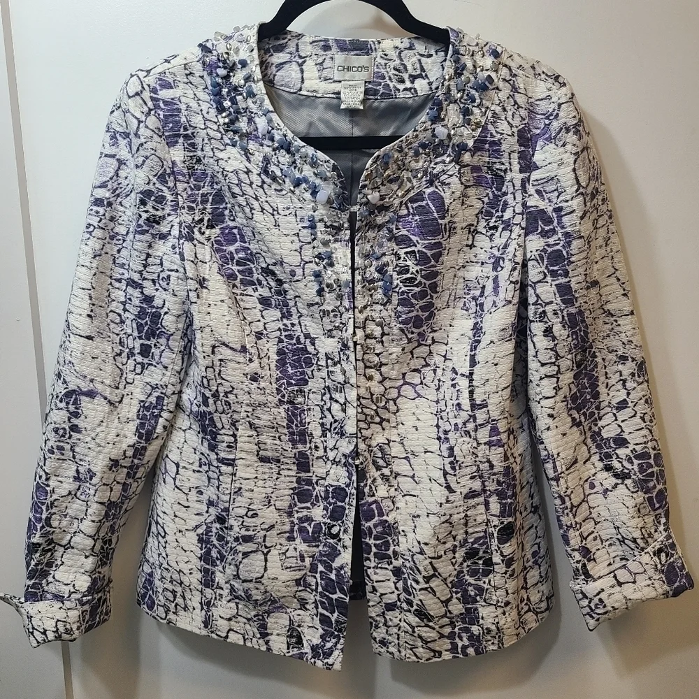Chicos Jacket 0 Small Purple Gray Blazer Gem Embellished Snake Print Lined Women